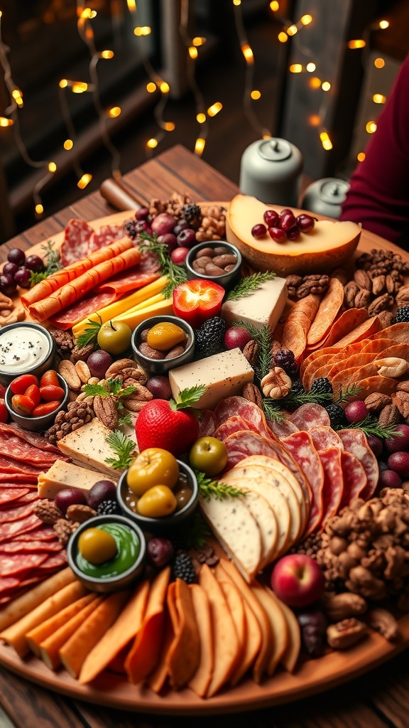 A large festive charcuterie board with meats, cheeses, fruits, and nuts, set against a holiday backdrop.